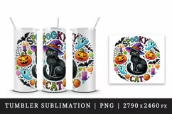 Watercolor black Spooky cat quote witch hat pumpkins Halloween circular print tumbler skinny mug wrap clipart t-shirt sublimation printable design