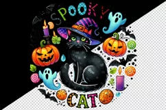 Watercolor black Spooky cat quote witch hat pumpkins Halloween circular print tumbler skinny mug wrap clipart t-shirt sublimation printable design