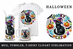 Watercolor black Spooky cat quote witch hat pumpkins Halloween circular print tumbler skinny mug wrap clipart t-shirt sublimation printable design