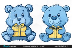 Watercolor Blue Bear Holds A Gift Clipart Product Image 1