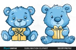 Watercolor Blue Bear Holds A Gift Clipart Product Image 1