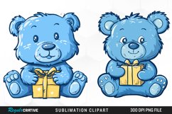 Watercolor Blue Bear Holds A Gift Clipart Product Image 1