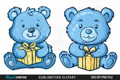 Watercolor Blue Bear Holds A Gift Clipart Product Image 1