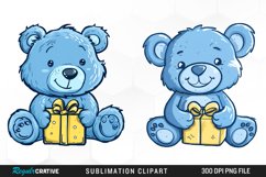 Watercolor Blue Bear Holds A Gift Clipart Product Image 1