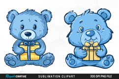 Watercolor Blue Bear Holds A Gift Clipart Product Image 1