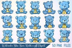 Watercolor Blue Bear Holds A Gift Clipart Bundle Product Image 1