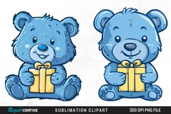 Watercolor Blue Bear Holds A Gift Clipart Product Image 1