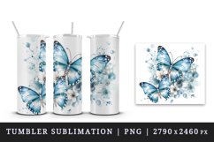 Watercolor blue butterflies floral sparkle flowers insect diamonds 20 oz tumbler skinny mug wrap clipart t-shirt sublimation printable design