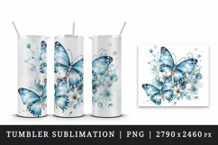 Watercolor blue butterflies floral sparkle flowers insect diamonds 20 oz tumbler skinny mug wrap clipart t-shirt sublimation printable design