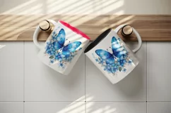 Watercolor blue butterflies floral sparkle flowers insect diamonds 20 oz tumbler skinny mug wrap clipart t-shirt sublimation printable design