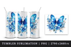 Watercolor blue butterflies floral sparkle flowers insect diamonds 20 oz tumbler skinny mug wrap clipart t-shirt sublimation printable design