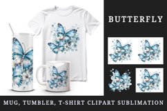 Watercolor blue butterflies floral sparkle flowers insect diamonds 20 oz tumbler skinny mug wrap clipart t-shirt sublimation printable design