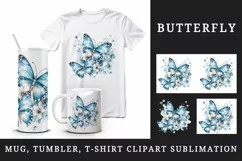 Watercolor blue butterflies floral sparkle flowers insect diamonds 20 oz tumbler skinny mug wrap clipart t-shirt sublimation printable design