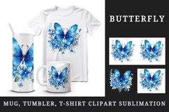Watercolor blue butterflies floral sparkle flowers insect diamonds 20 oz tumbler skinny mug wrap clipart t-shirt sublimation printable design