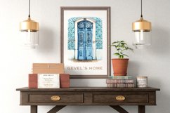 watercolor blue vintage door clipart in frame mockup