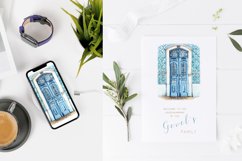 watercolor blue door clipart on phone and House Warming card mockup prewiev