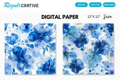 Watercolor Blue Flowers Digital Paper, Flowers Background Product Image 1