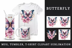 Watercolor blue gold pink butterfly floral sparkle flowers insect diamonds 20 oz tumbler skinny mug wrap clipart t-shirt sublimation printable design