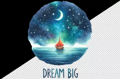 Watercolor boat sailing on ocean starry sky Big Dream motivational quote print tumbler skinny mug wrap clipart t-shirt sublimation printable design