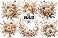 Watercolor Boho Beige Bouquet Clipart, Boho Flowers Bundle Product Image 1