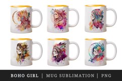 Watercolor portrait of boho girl, bohemian design wrap sublimation bundle for customize mug