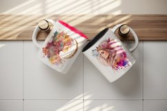 Watercolor portrait of boho girl, bohemian design wrap sublimation bundle for customize mug