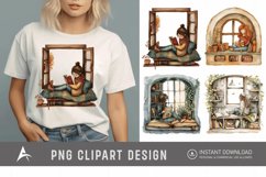 Watercolor Book Lover in a Window Nook Clipart Product Image 1