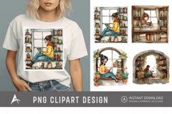 Watercolor Book Lover in a Window Nook Clipart Product Image 1