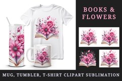 Watercolor book pink flowers sparkle shining diamonds reading back to school 20oz tumbler skinny mug wrap clipart t-shirt sublimation printable design
