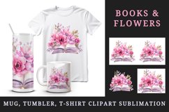 Watercolor book pink flowers sparkle shining diamonds reading back to school 20oz tumbler skinny mug wrap clipart t-shirt sublimation printable design