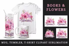 Watercolor book pink flowers sparkle shining diamonds reading back to school 20oz tumbler skinny mug wrap clipart t-shirt sublimation printable design