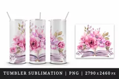 Watercolor book pink flowers sparkle shining diamonds reading back to school 20oz tumbler skinny mug wrap clipart t-shirt sublimation printable design