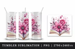 Watercolor book pink flowers sparkle shining diamonds reading back to school 20oz tumbler skinny mug wrap clipart t-shirt sublimation printable design