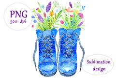 Watercolor Blue Boots with Flowers Sublimation Design - PNG Product Image 2