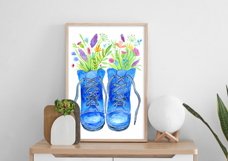 Watercolor Blue Boots with Flowers Sublimation Design - PNG Product Image 6