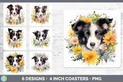Bundle of six Wild Flowers Border Collies Square Coaster designs.