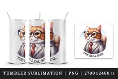 Watercolor boss cat in glasses sitting on chair The Real Boss quote print 20 oz tumbler skinny mug wrap clipart t-shirt sublimation printable design