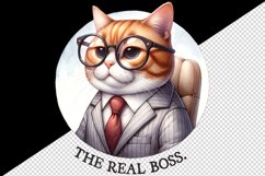 Watercolor boss cat in glasses sitting on chair The Real Boss quote print 20 oz tumbler skinny mug wrap clipart t-shirt sublimation printable design