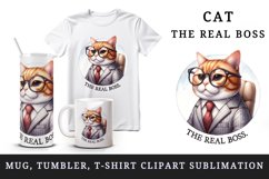 Watercolor boss cat in glasses sitting on chair The Real Boss quote print 20 oz tumbler skinny mug wrap clipart t-shirt sublimation printable design