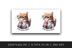Watercolor boss cat in glasses sitting on chair The Real Boss quote print 20 oz tumbler skinny mug wrap clipart t-shirt sublimation printable design