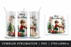 Watercolor boy child writing letter Santa tree Merry Christmas quote print 20 oz tumbler skinny mug wrap clipart t-shirt sublimation printable design