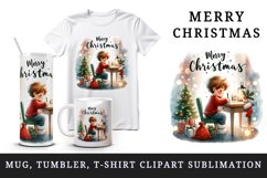 Watercolor boy child writing letter Santa tree Merry Christmas quote print 20 oz tumbler skinny mug wrap clipart t-shirt sublimation printable design