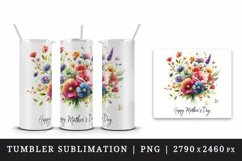Watercolor bright bouquet of flowers Happy Mother Day greeting quote print 20 oz tumbler skinny mug wrap clipart t-shirt sublimation printable design