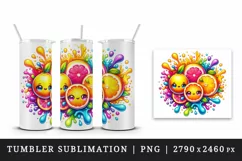 Watercolor bright citrus fruits with cute faces in colorful splash print 20 oz tumbler skinny mug wrap clipart t-shirt sublimation printable design