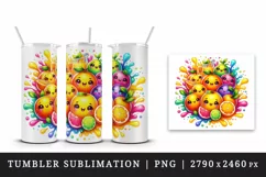 Watercolor bright citrus fruits with cute faces in colorful splash print 20 oz tumbler skinny mug wrap clipart t-shirt sublimation printable design