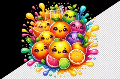 Watercolor bright citrus fruits with cute faces in colorful splash print 20 oz tumbler skinny mug wrap clipart t-shirt sublimation printable design
