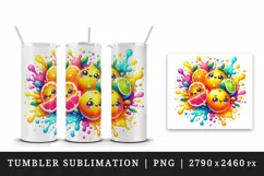 Watercolor bright citrus fruits with cute faces in colorful splash print 20 oz tumbler skinny mug wrap clipart t-shirt sublimation printable design