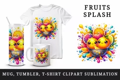 Watercolor bright citrus fruits with cute faces in colorful splash print 20 oz tumbler skinny mug wrap clipart t-shirt sublimation printable design