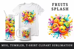 Watercolor bright citrus fruits with cute faces in colorful splash print 20 oz tumbler skinny mug wrap clipart t-shirt sublimation printable design