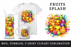 Watercolor bright citrus fruits with cute faces in colorful splash print 20 oz tumbler skinny mug wrap clipart t-shirt sublimation printable design